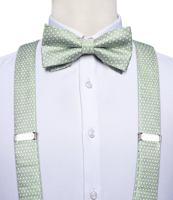 Fresh Green Polka Dot Y Back Brace Clip-on Men's Suspender with Bow Tie Set