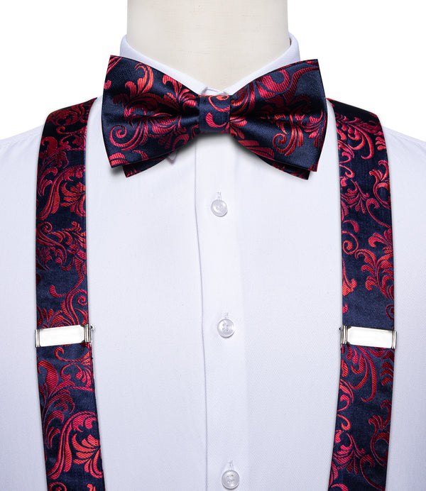 Blue Red Floral Y Back Brace Clip-on Men's Suspender with Bow Tie Set