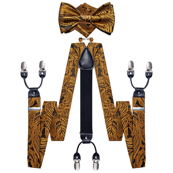 Golden Brown Paisley Y Back Brace Clip-on Men's Suspender with Bow Tie Set