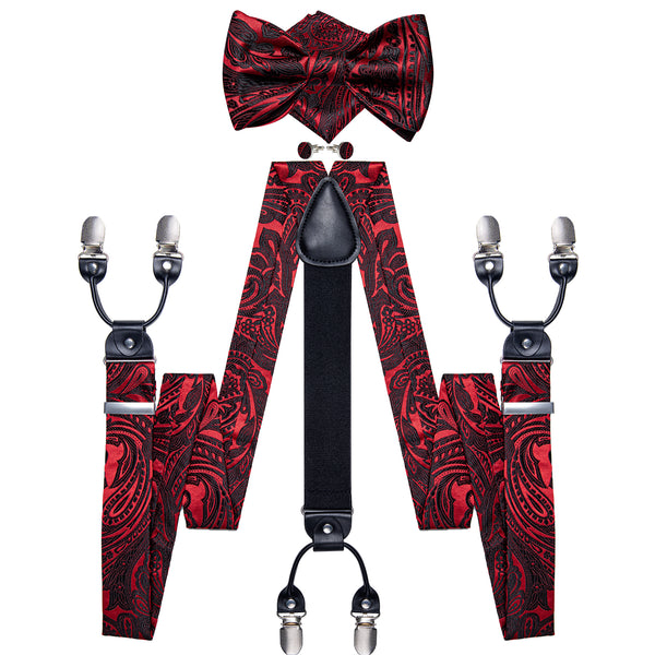 Black Red Paisley Y Back Brace Clip-on Men's Suspender with Bow Tie Set