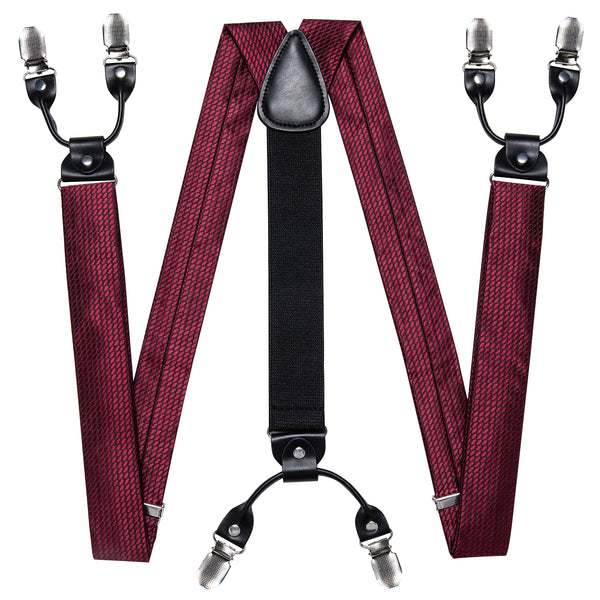 Burgundy Red Plaid Y Back Brace Clip-on Men's Suspender with Bow Tie Set