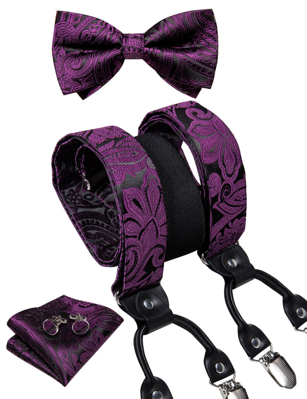 Black Purple Floral Y Back Brace Clip-on Men's Suspender with Bow Tie Set