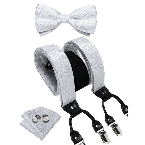 Pure White Paisley Y Back Brace Clip-on Men's Suspender with Bow Tie Set