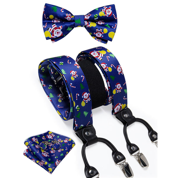 Christmas Blue Santa Novelty Y Back Brace Clip-on Men's Suspender with Bow Tie Set
