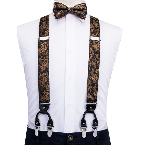 Ties2you Floral Tie Luxury Brown Brace Clip-On Men's Suspender With Bow Tie Set