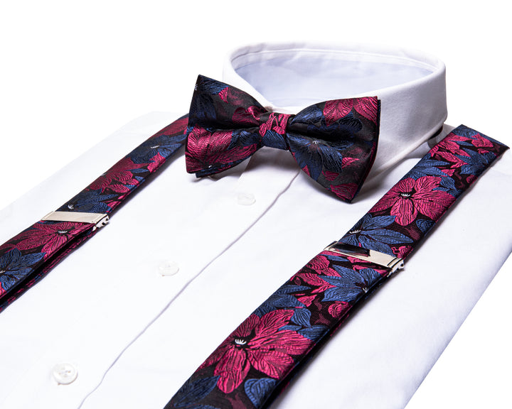 red blue floral bow tie set with mens suspender for mens wedding