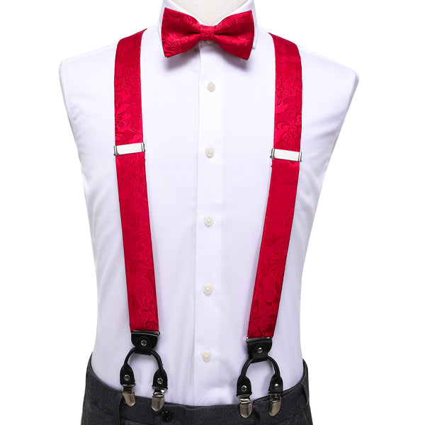 classic red floral bow tie set with mens silk suspenders for wedding outfit
