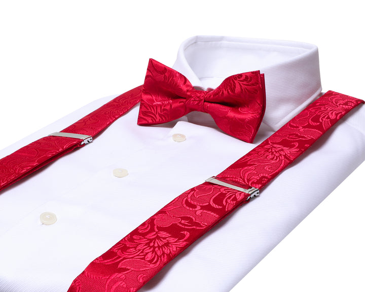 classic red floral bow tie set with mens silk suspenders