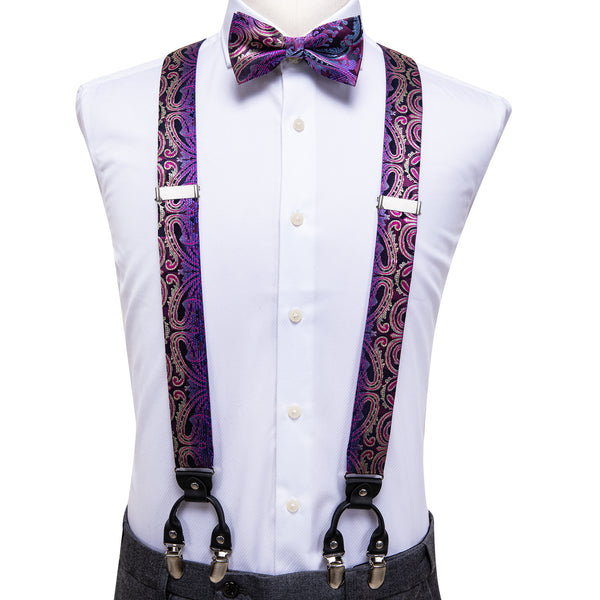 Purple Paisley Brace Clip-on Mens Suspender with Bow Tie Set with white shirts for suit dress