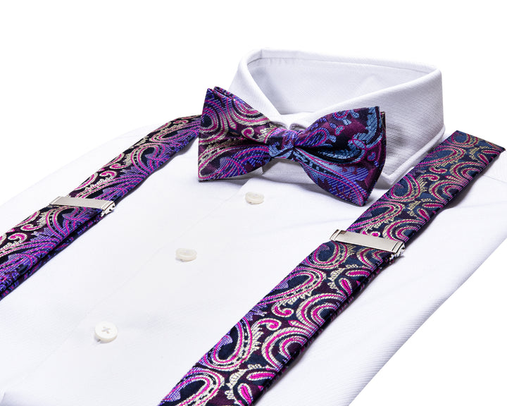 Purple Paisley Brace Clip-on Mens Suspender with Bow Tie Set with white shirts