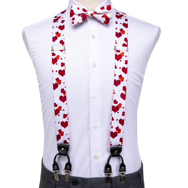 White Red Heart Novelty Brace Clip-on Men's Suspender with Bow Tie Set