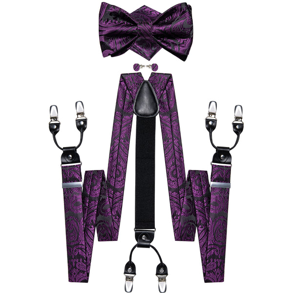 Purple Black Paisley Y Back Brace Clip-on Men's Suspender with Bow Tie Set