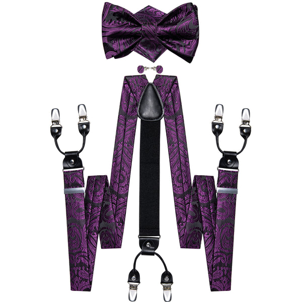 Purple Black Paisley Y Back Brace Clip-on Men's Suspender with Bow Tie Set