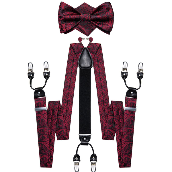 Red Black Paisley Y Back Brace Clip-on Men's Suspender with Bow Tie Set