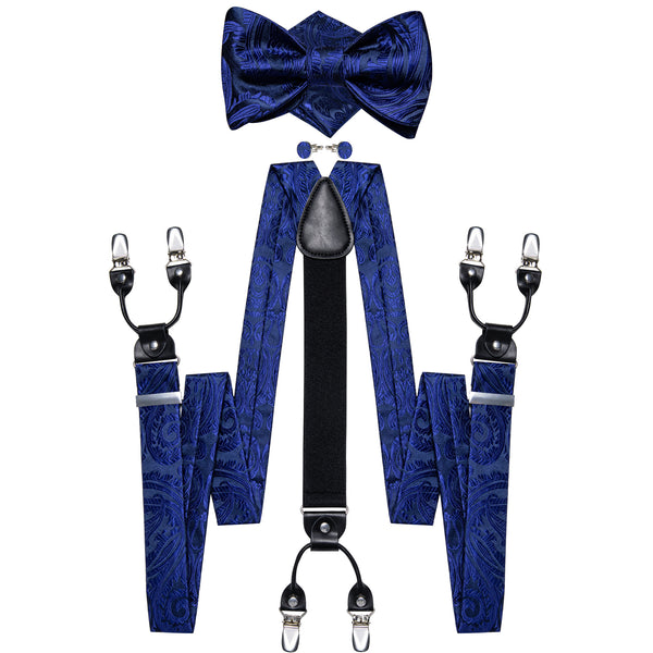 Royal Blue Paisley Y Back Brace Clip-on Men's Suspender with Bow Tie Set