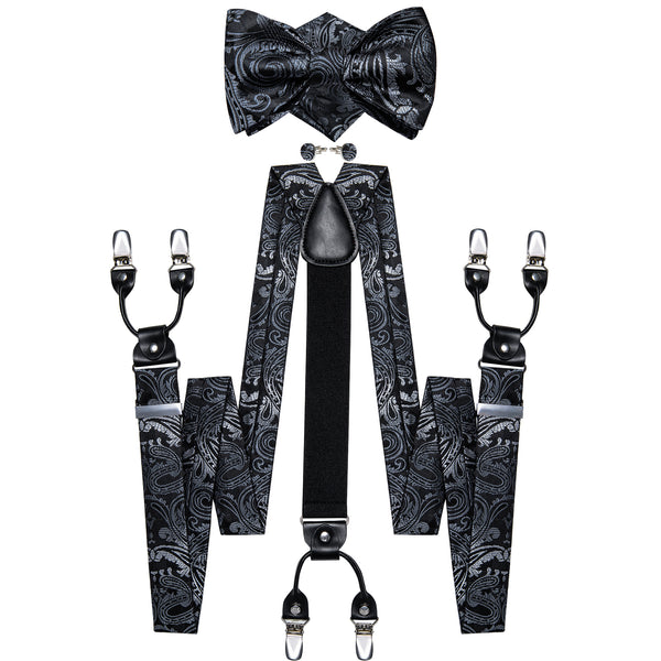 Grey Black Paisley Y Back Brace Clip-on Men's Suspender with Bow Tie Set