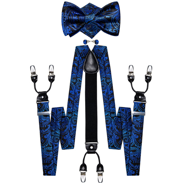 Gradient Blue Black Paisley Y Back Brace Clip-on Men's Suspender with Bow Tie Set