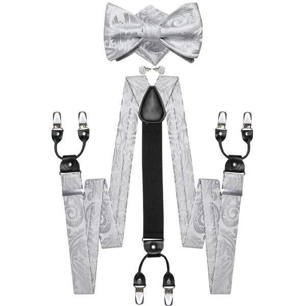 Silver White Paisley Y Back Brace Clip-on Men's Suspender with Bow Tie Set