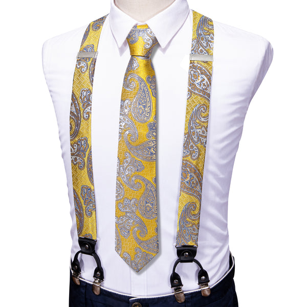Yellow Paisley Y Back Brace Clip-on Men's Suspender with Tie Set