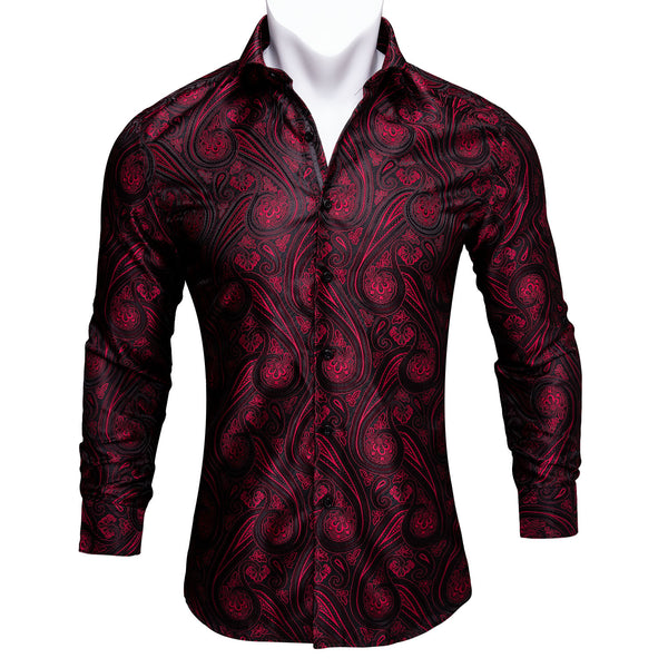 Ties2you Fashionable Black Burgundy Red Paisley Silk Casual Dress Shirts for Men