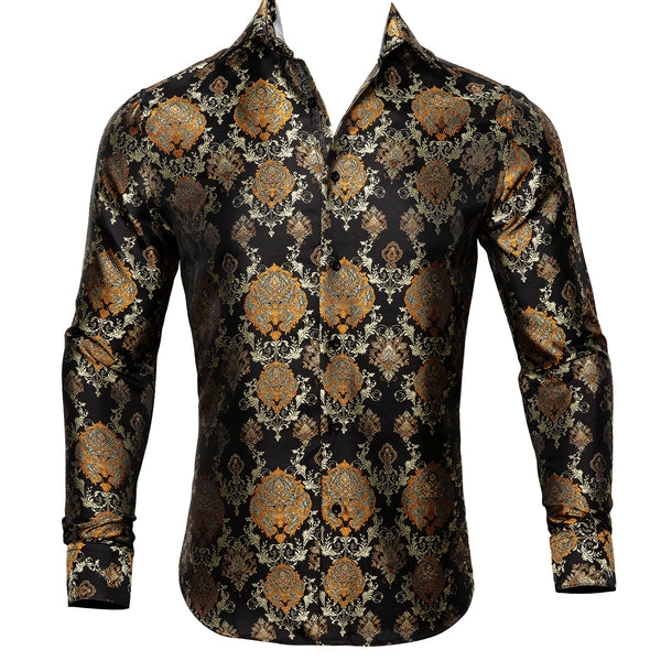 New Arrival Luxury Black Golden Floral Silk Men's Shirt