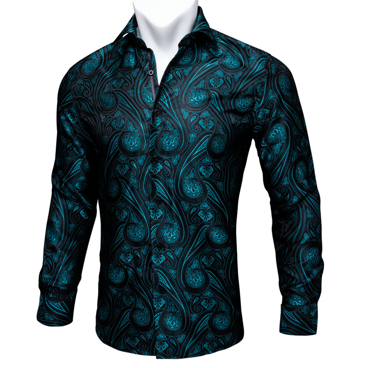 Classic Black BLue Paisley Silk slim fit mens dress shirts