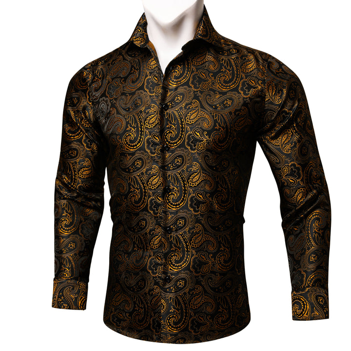 Button Down Shirt Black Gold Jacquard Paisley silk shirt mens