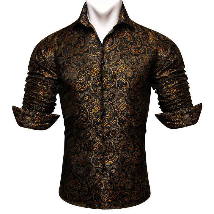 Button Down Shirt Black Gold Jacquard Paisley Silk men's shirt