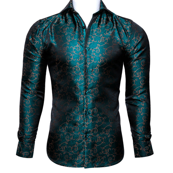 Ties2you Fashional Malachite Green Floral Silk Men's Long Sleeve Shirt