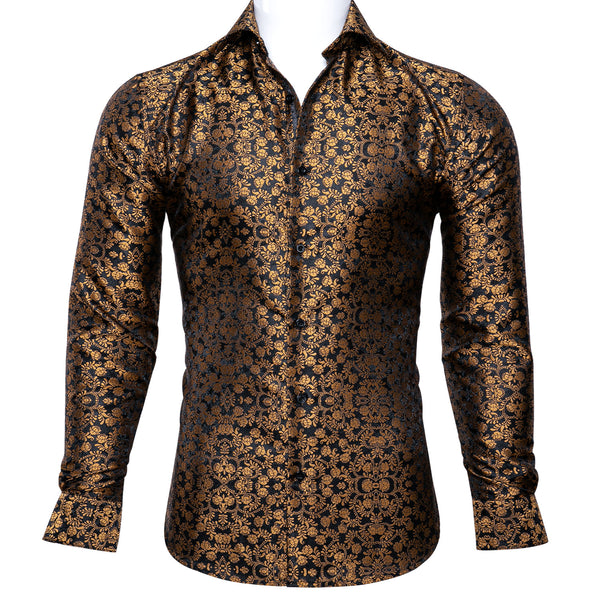 Ties2you Luxury Black Golden Floral Silk Men's Shirt