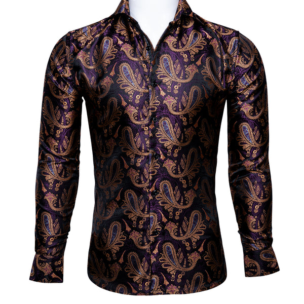 Ties2you Luxury Purple Brown Paisley Silk Men's Shirt