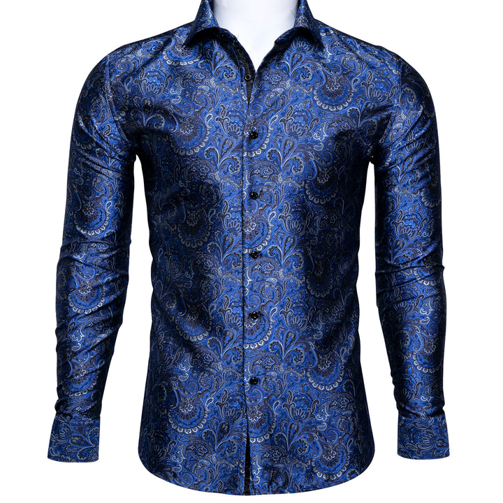 Royal Blue Paisley Button Down silk shirt for men