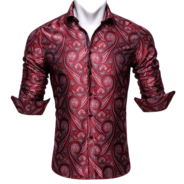 New Red Paisley Silk Men's Long Sleeve Shirt