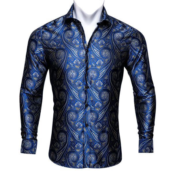 Ties2you Button Down Shirt Blue Paisley Silk Men's Long Sleeve Shirt New Arrival