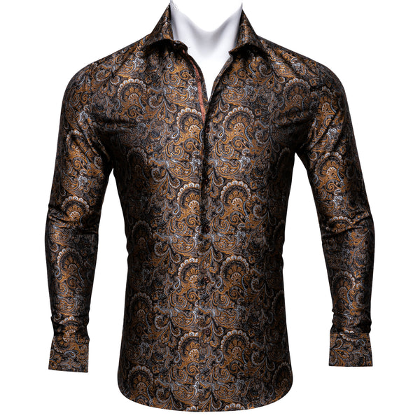 Golden Floral Silk Men's Long Sleeve Shirt