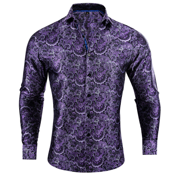 New Purple Floral Silk Men's Long Sleeve Shirt