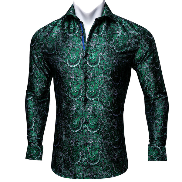 New Green Floral Silk Men's Long Sleeve Shirt