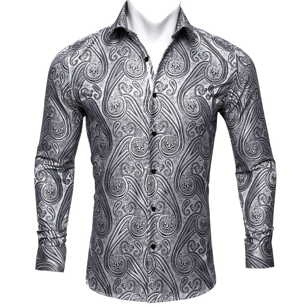 New Light Gray Floral Silk Men's Long Sleeve Shirt