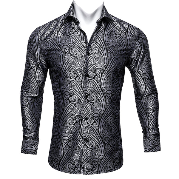 New Black Paisley Silk Men's Long Sleeve Shirt
