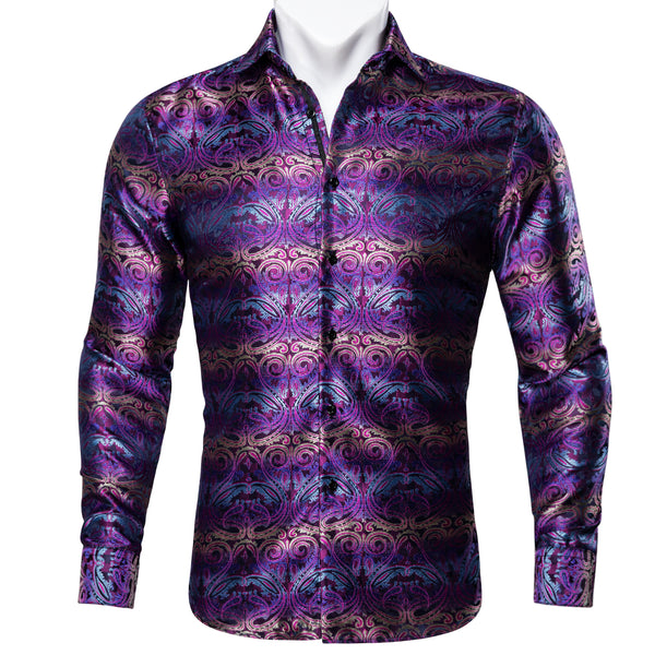 Gradient Blue-violet Paisley Silk Men's Long Sleeve Shirt