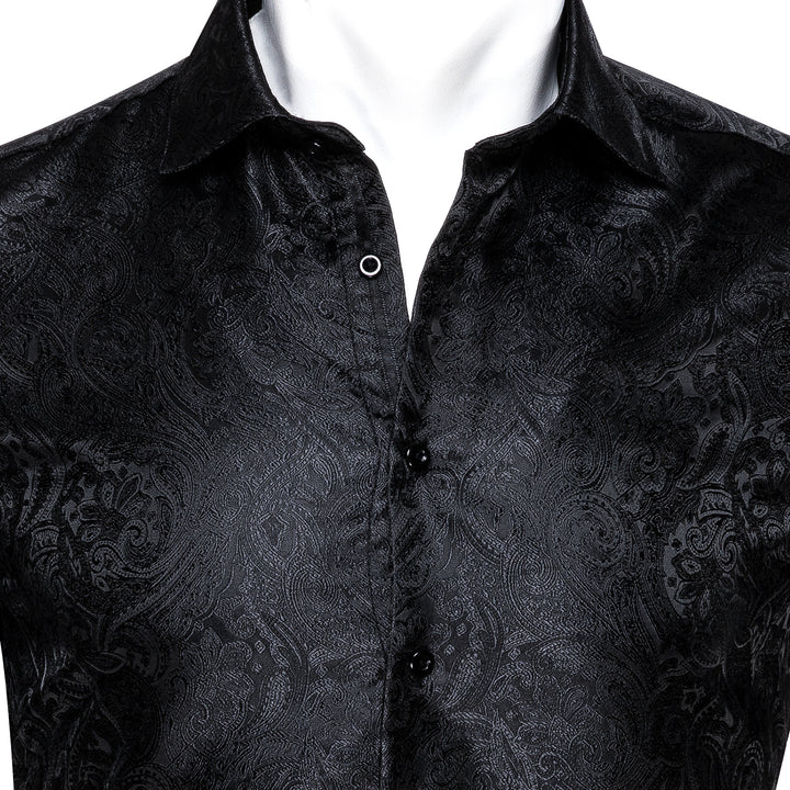 Black Paisley Silk Men's Long Sleeve knit button up Shirt