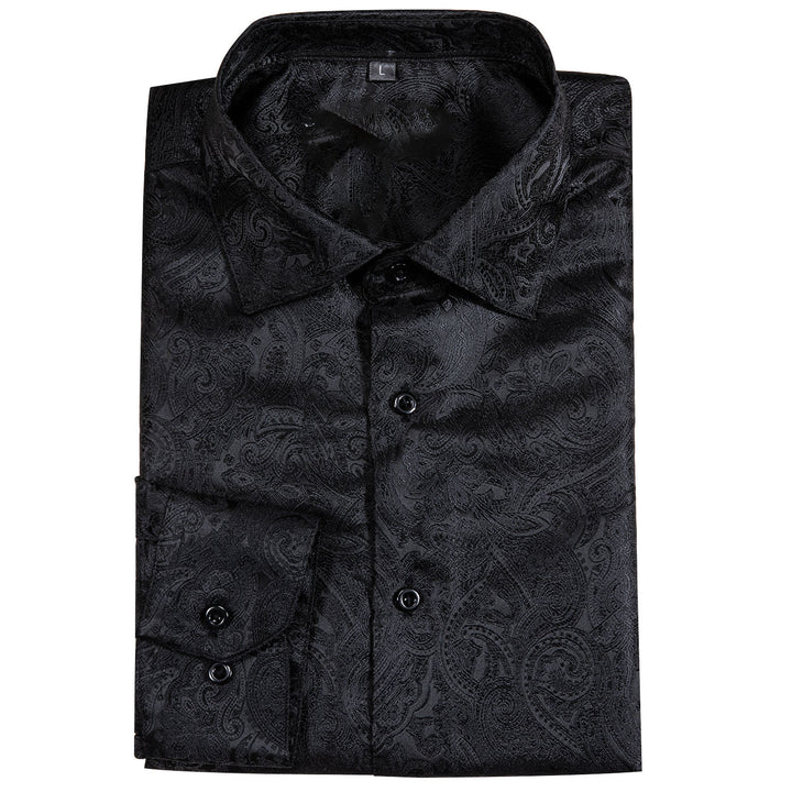 Black Paisley Silk Men's Long Sleeve slim fit casual shirts