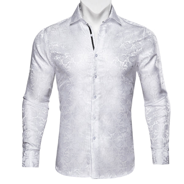 Pure White Floral Silk Men's Long Sleeve Shirt