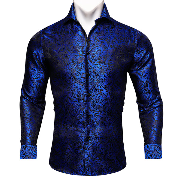 Sapphire Blue Paisley Silk Men's Long Sleeve Shirt