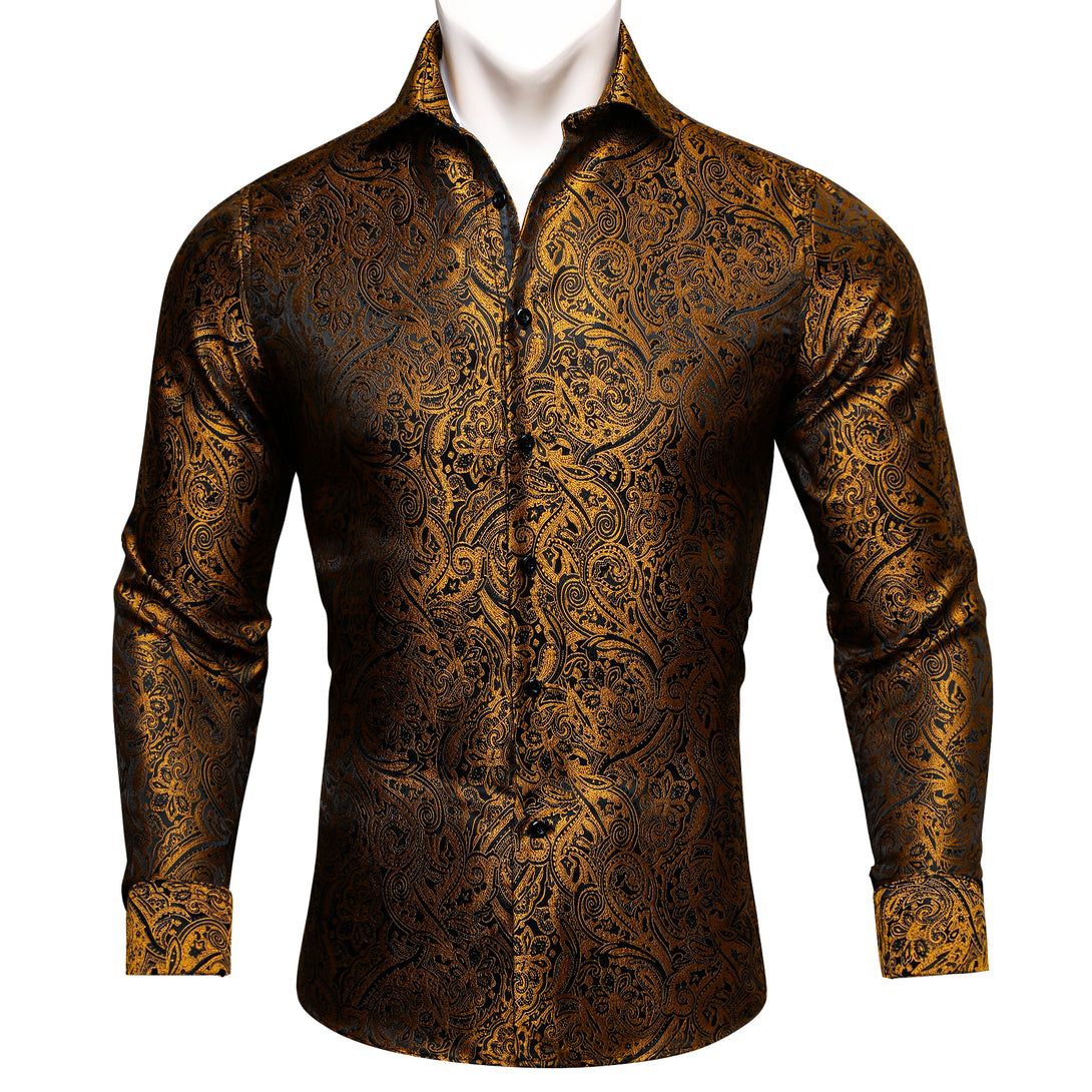 Black Golden Paisley Silk Men's Long Sleeve Shirt – ties2you