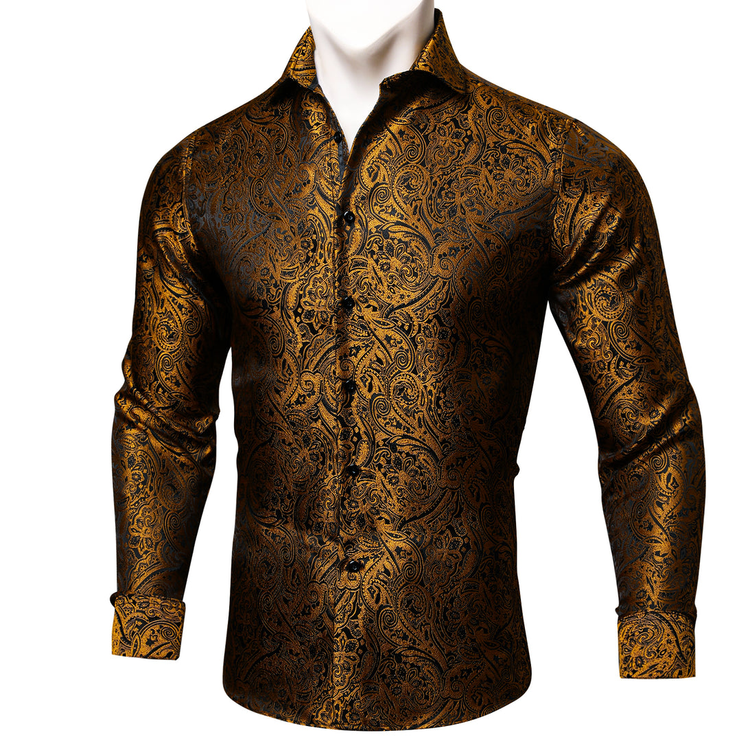 Black Golden Paisley Silk Men's Long Sleeve Shirt – ties2you