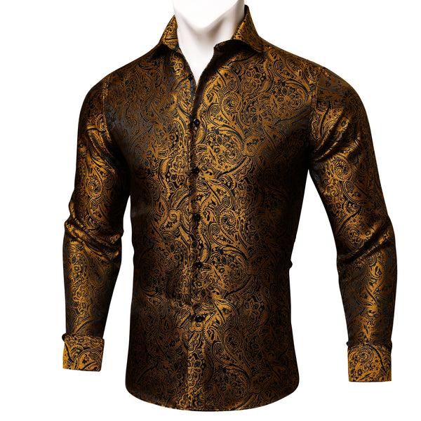 Black Golden Paisley Silk Men's Long Sleeve Shirt