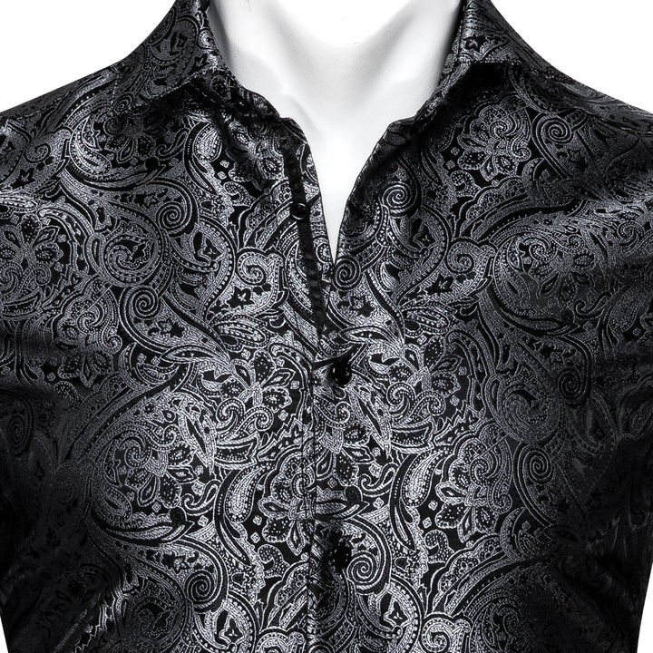 Black Silver Paisley Silk Men's Long Sleeve Shirt