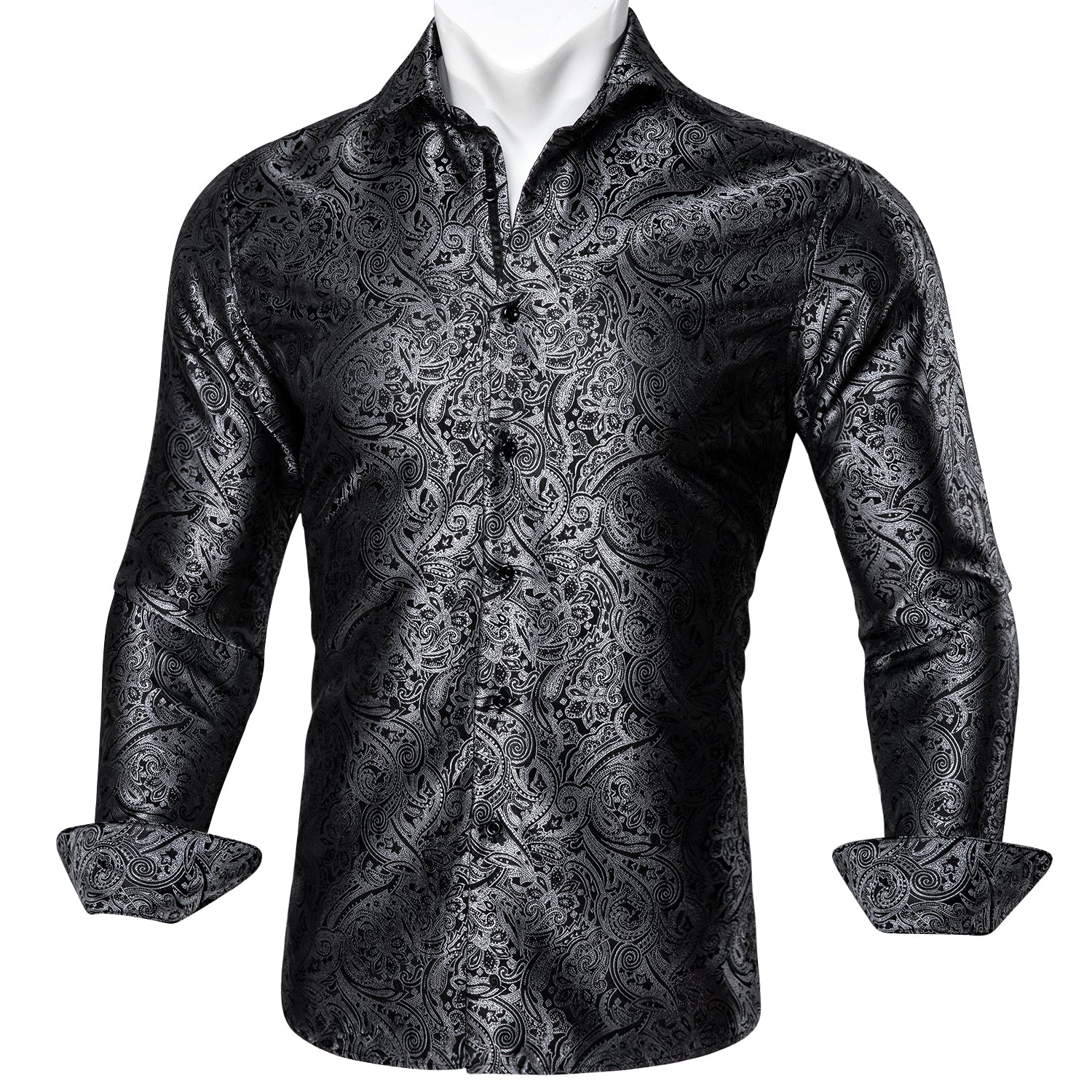 Black Silver Paisley Silk Men's Long Sleeve Shirt – ties2you