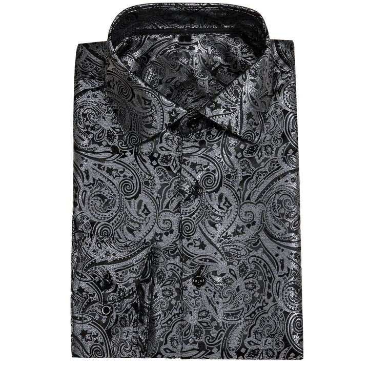 Black Silver Paisley Silk Men's Long Sleeve Shirt